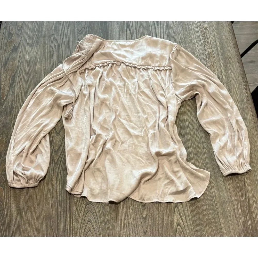Tahari Womens Long Sleeve Blouse Tie Neck Elastic Cuff Brown Tan Plus Size 2X